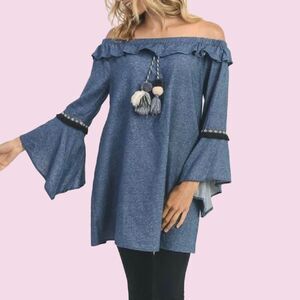 Anthropologie Jodifl Off Shoulder Dress Ruffle‎ Tunic Blue Women Medium Tassel